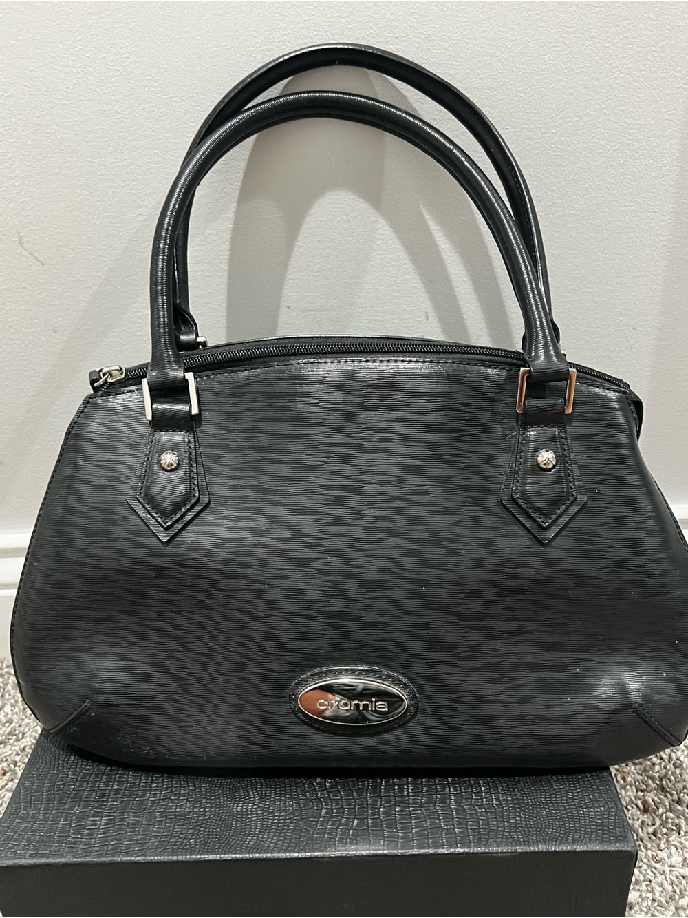 CROMIA - famous Italian fashion Black Croc-Texture Satchel with Double Handles